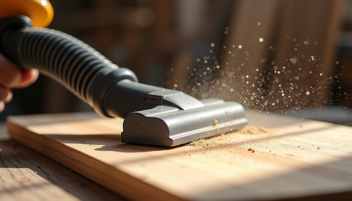 A random orbital sander connected by a grey hose to a wheeled dust extractor on a garage floor