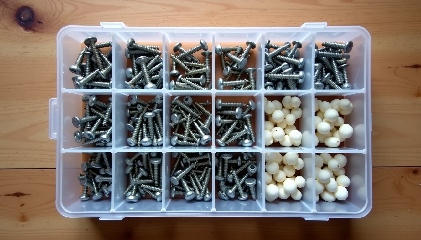 Assorted wood screws, round wire nails and wall plugs sorted into compartments of a clear organiser