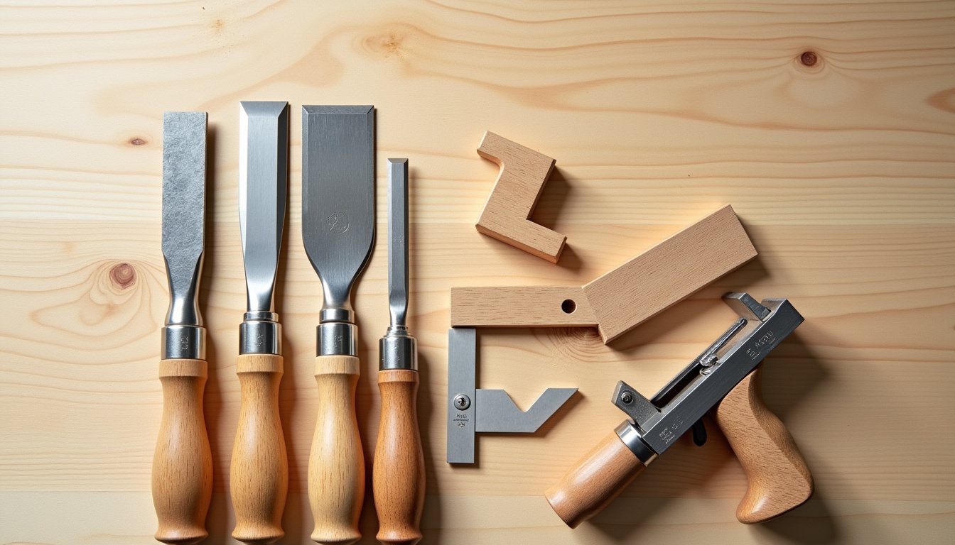 Chisels, a block plane, a combination square and a marking gauge laid out on a pale wooden bench top