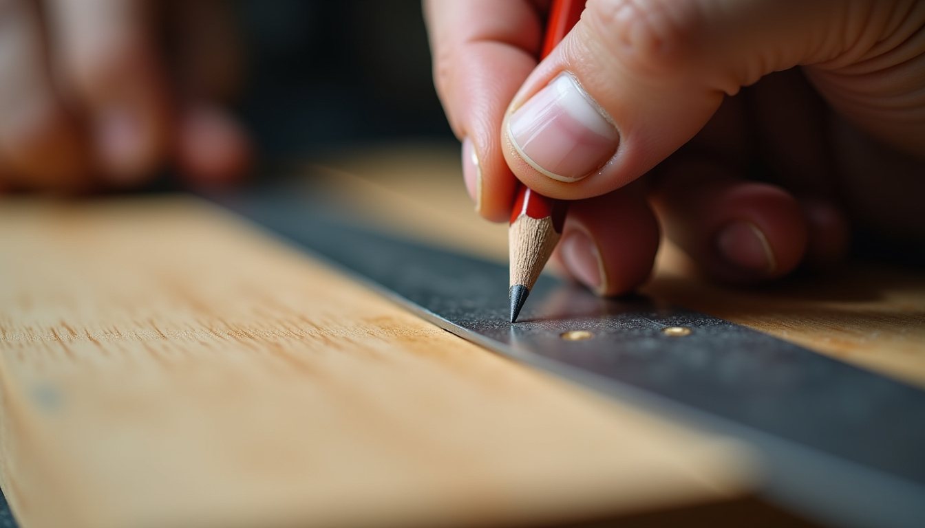 A combination square held against the edge of a pine board with a fine knife line scribed across it