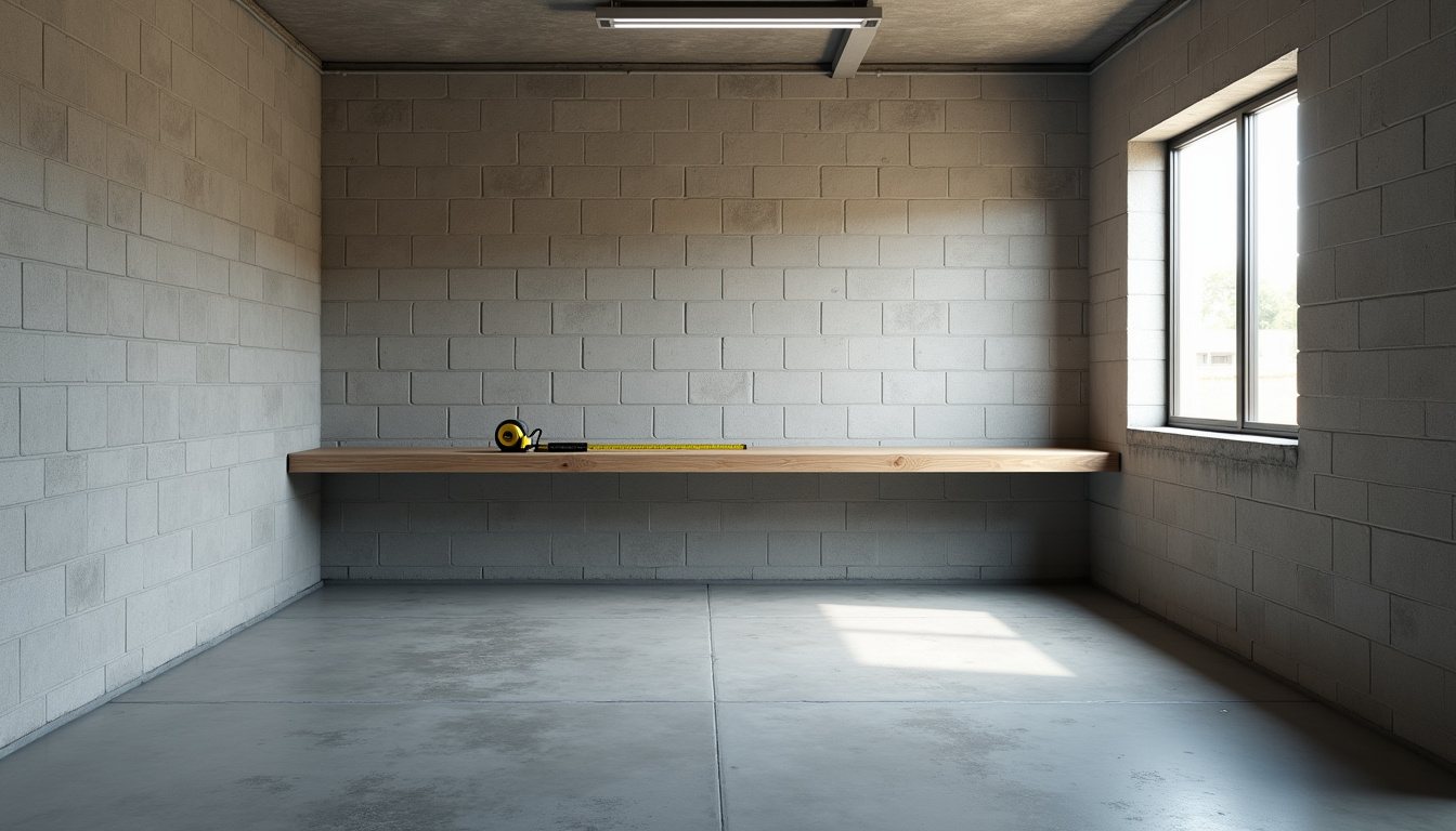 Empty single garage with a concrete floor, a bare workbench along one wall and daylight from a side window