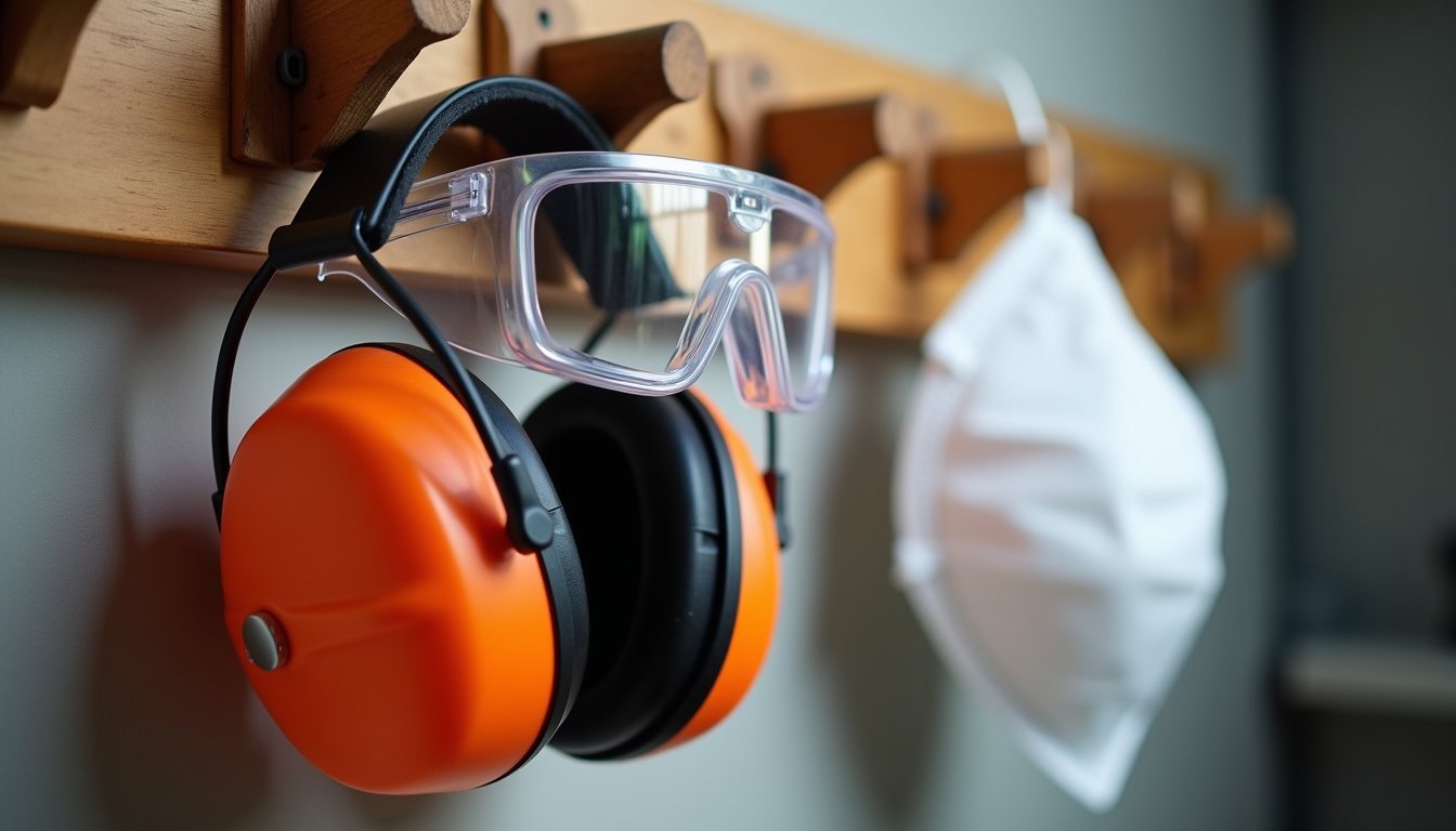 Safety glasses, ear defenders and a disposable respirator mask hanging from a hook above a workbench