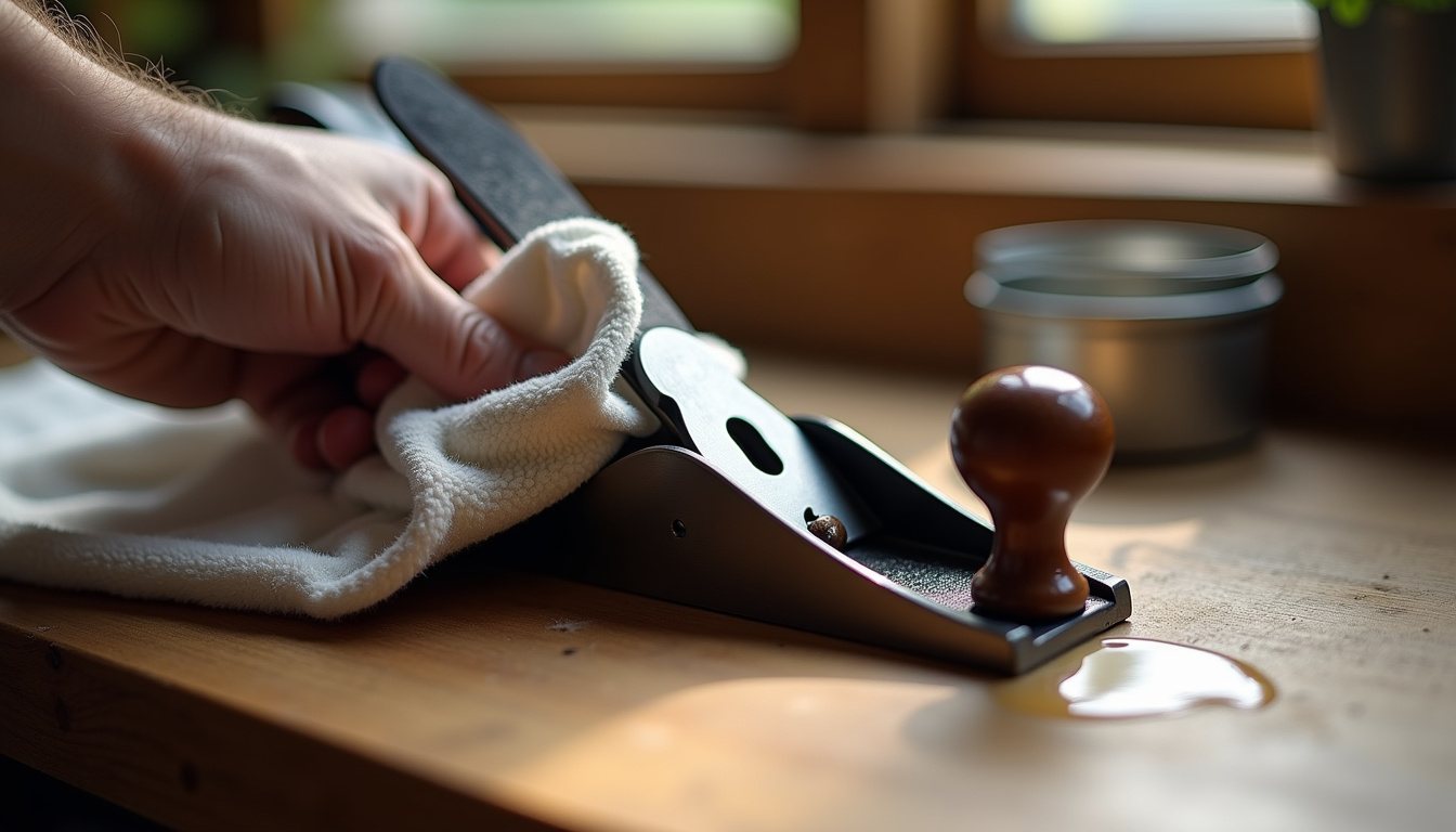 A cloth wiping a light film of oil onto the sole of a steel hand plane on a workbench