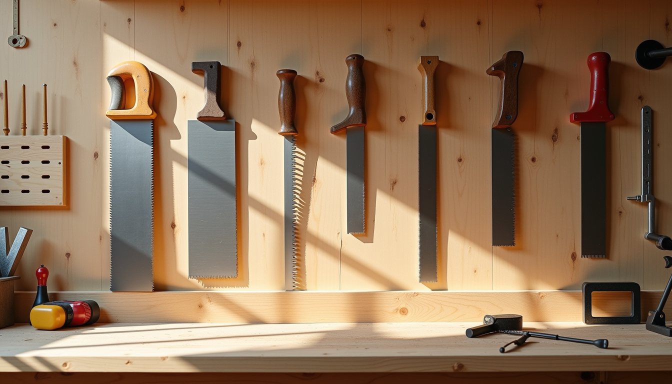 Hand tools hanging on a wall of timber French cleats above a workbench, with chisels in a slotted rack