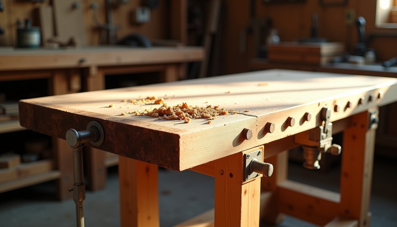 A solid timber workbench with a thick laminated top and a front vice in a daylit workshop